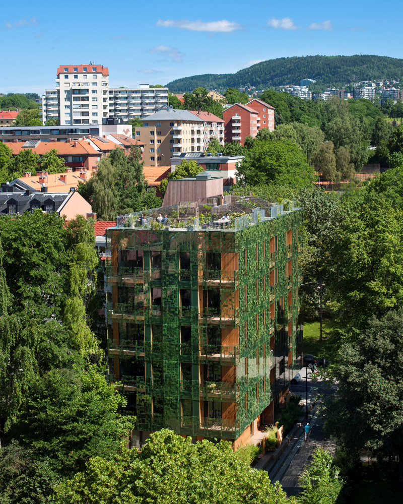 Green House i Oslo, Blokk i Oslo mellom trær. Foto.