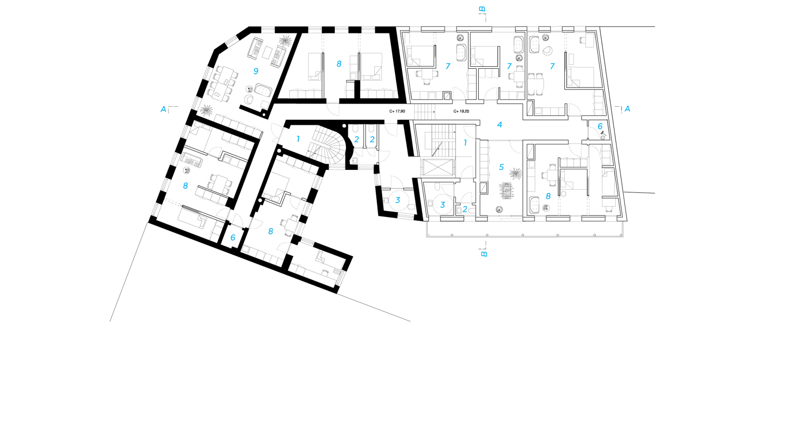 Plantegning av tredje etasje på hjørne blokk. Arkitekt tegning.