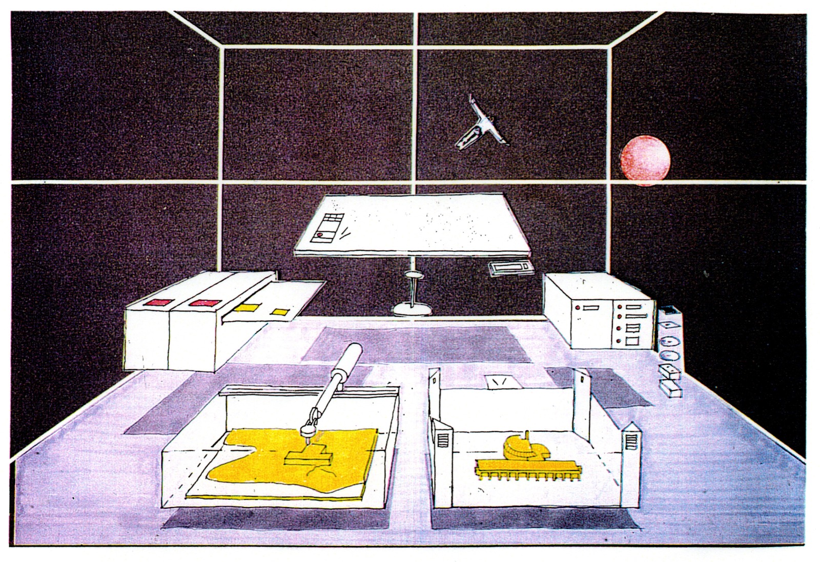 Scan av tegning som viser et svart rom med et tegnebord, plotter og andre gjenstander.