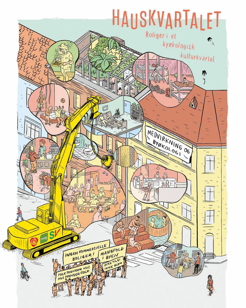 Tegneserie plakat. Bygård, gravemaskin, protester.