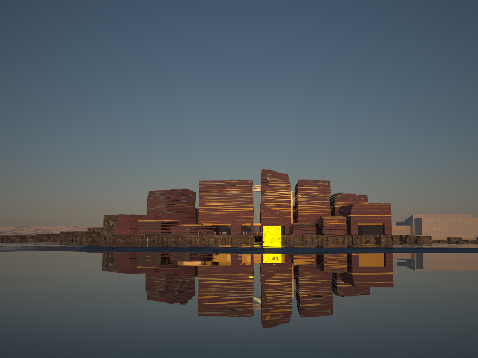 Arkitekt illustrasjon av horisont med bygg, vann i forgrunnen.