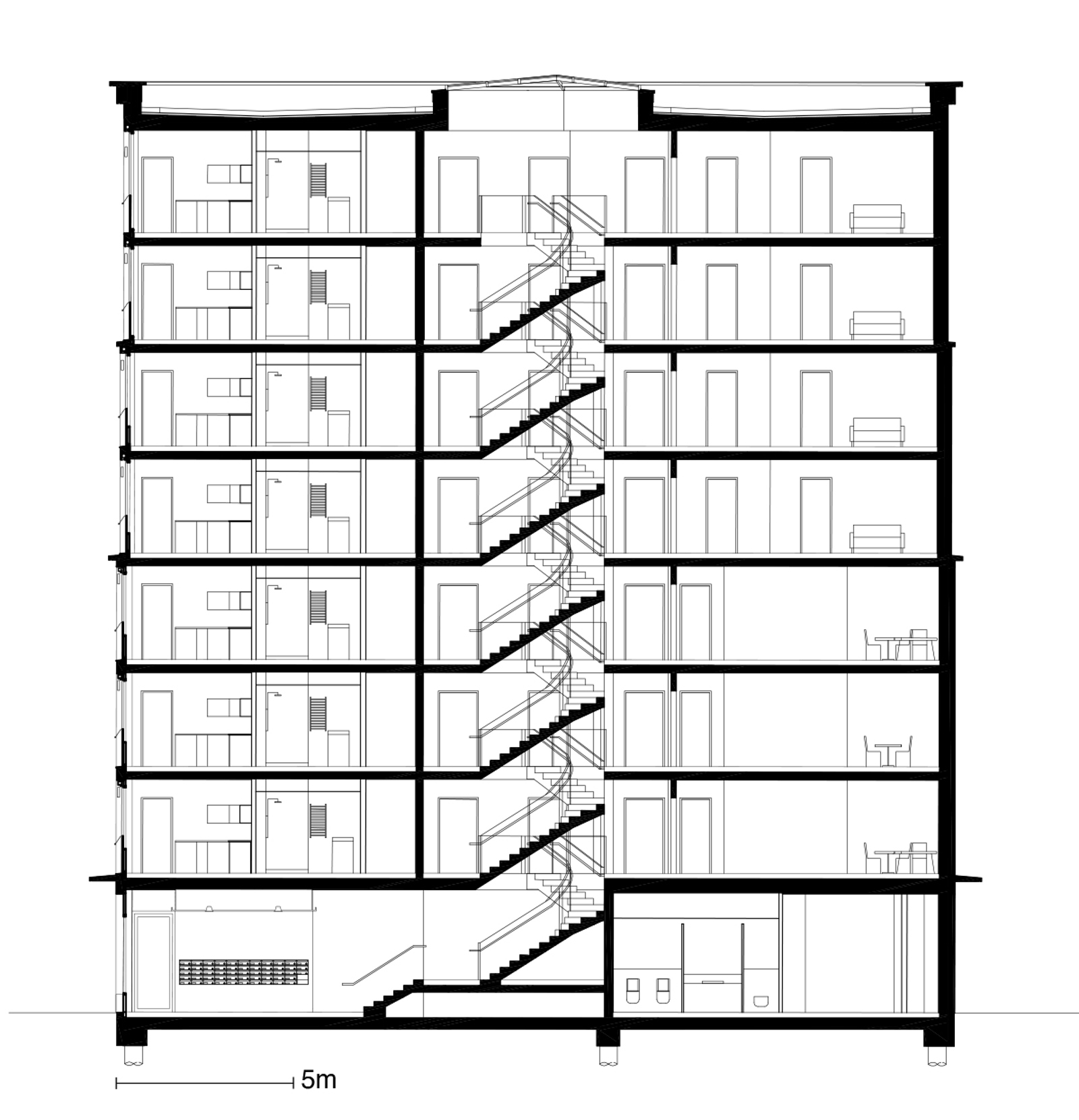 Snitt gjennom boligblokk. Arkitekt tegning.