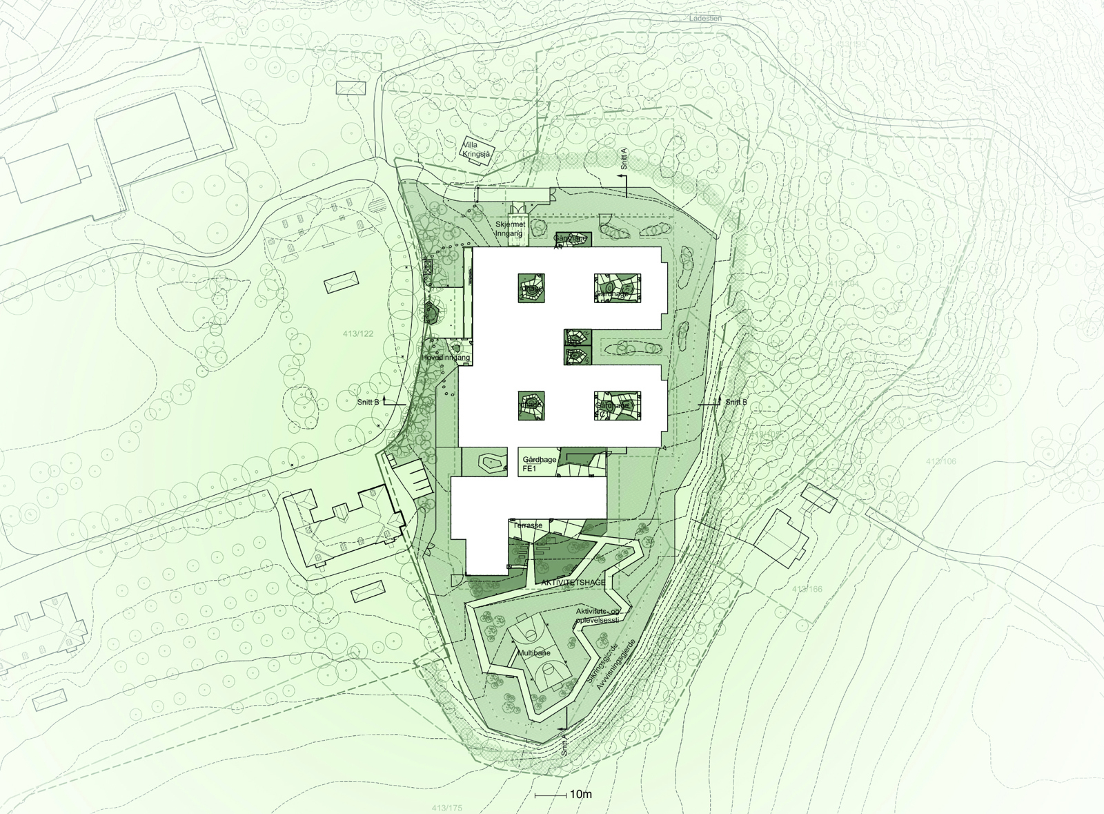 Situasjonsplan som viser St. Olav Sikkerhetsbygg med omliggende kontekst. Arkitekt tegning.