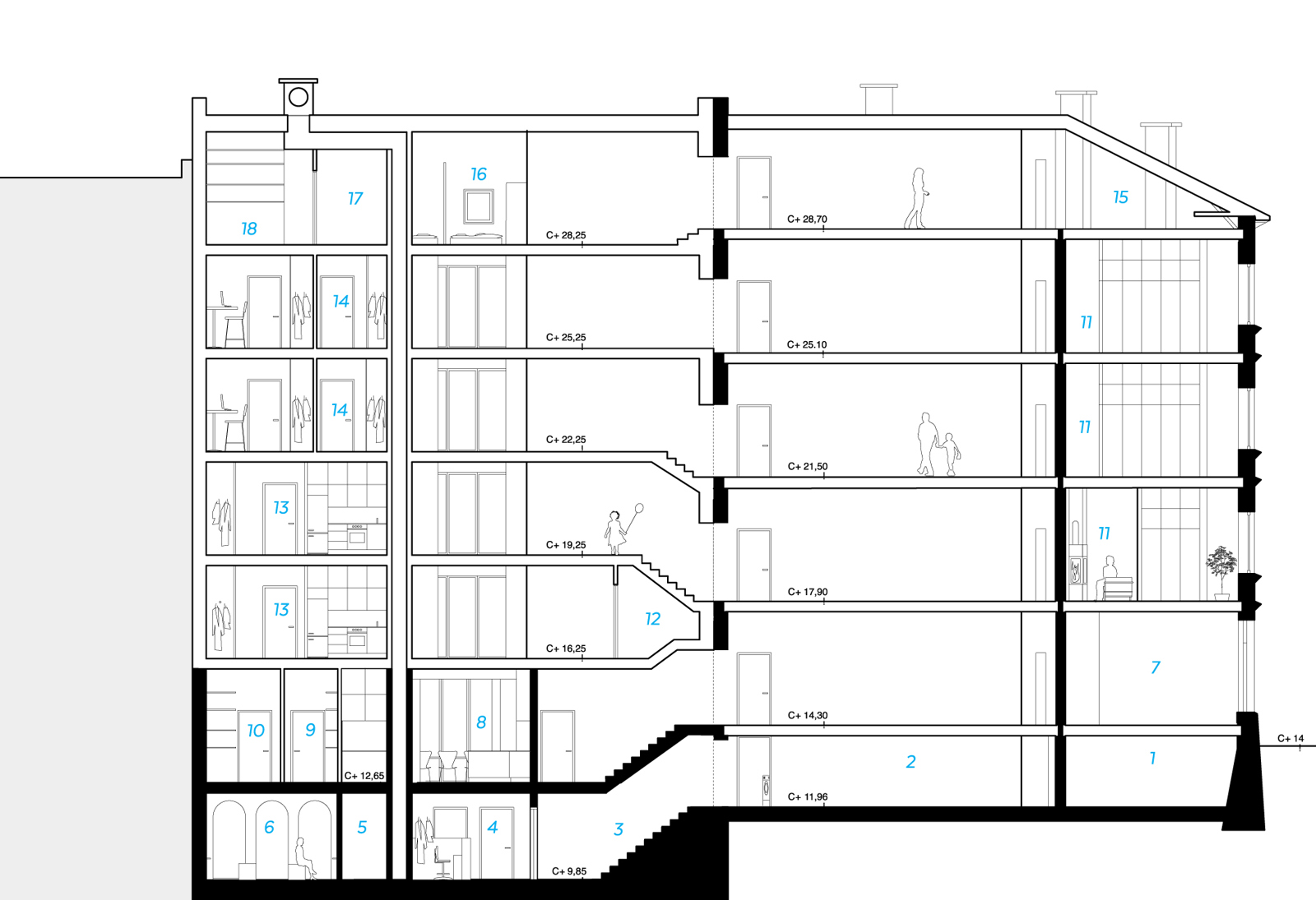 Snitt av bygård. Arkitekt tegning.