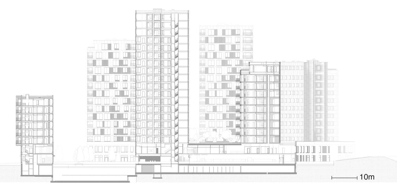 Snitt gjennom Meierikvartalet boligkvartal og boligblokker. Arkitekt tegning.