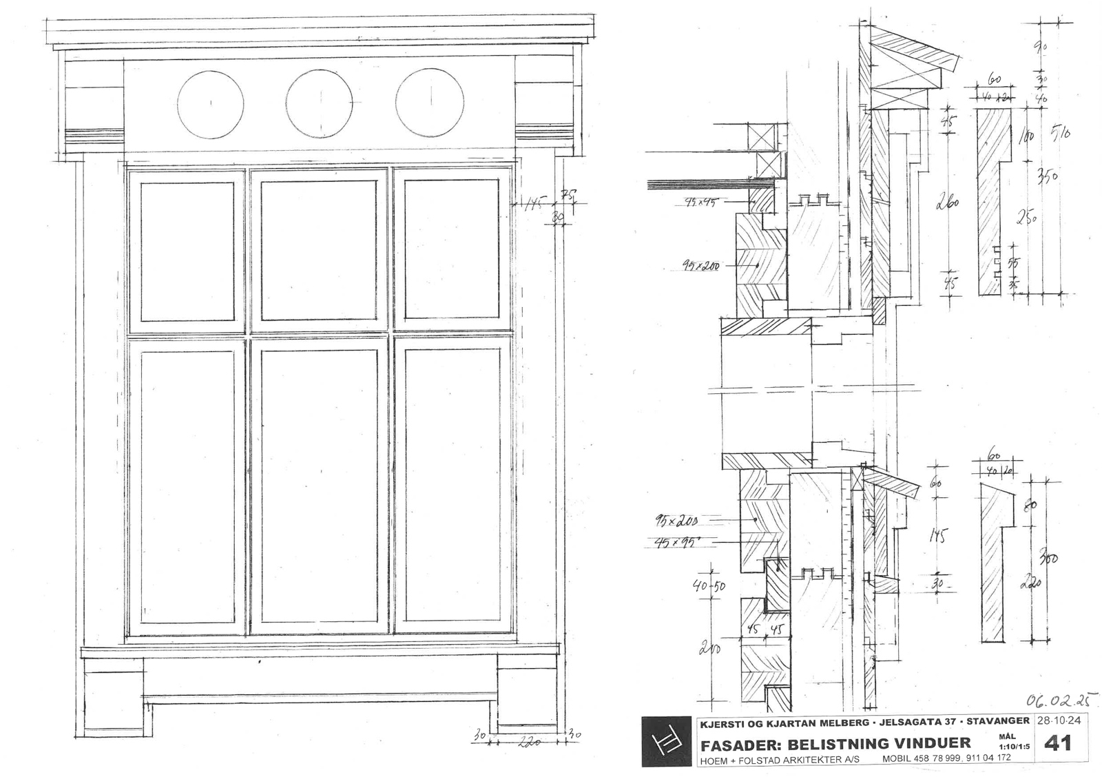 Detaljtegning av vindu i treverk. Arkitekt tegning.