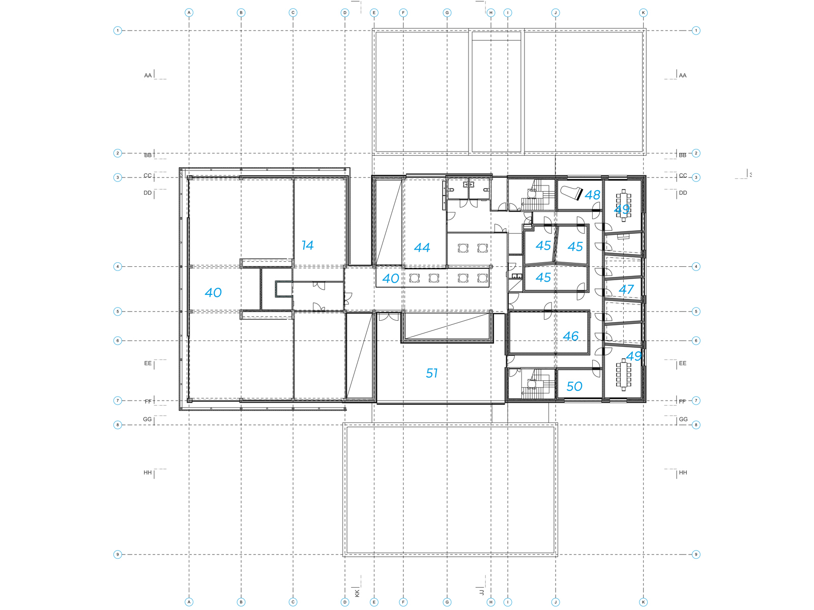 Tredje etasje plan på offentlig bygning. Arkitekt tegning.