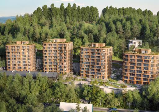 Render av Fyrstikkbakken i en skogkledd åsside