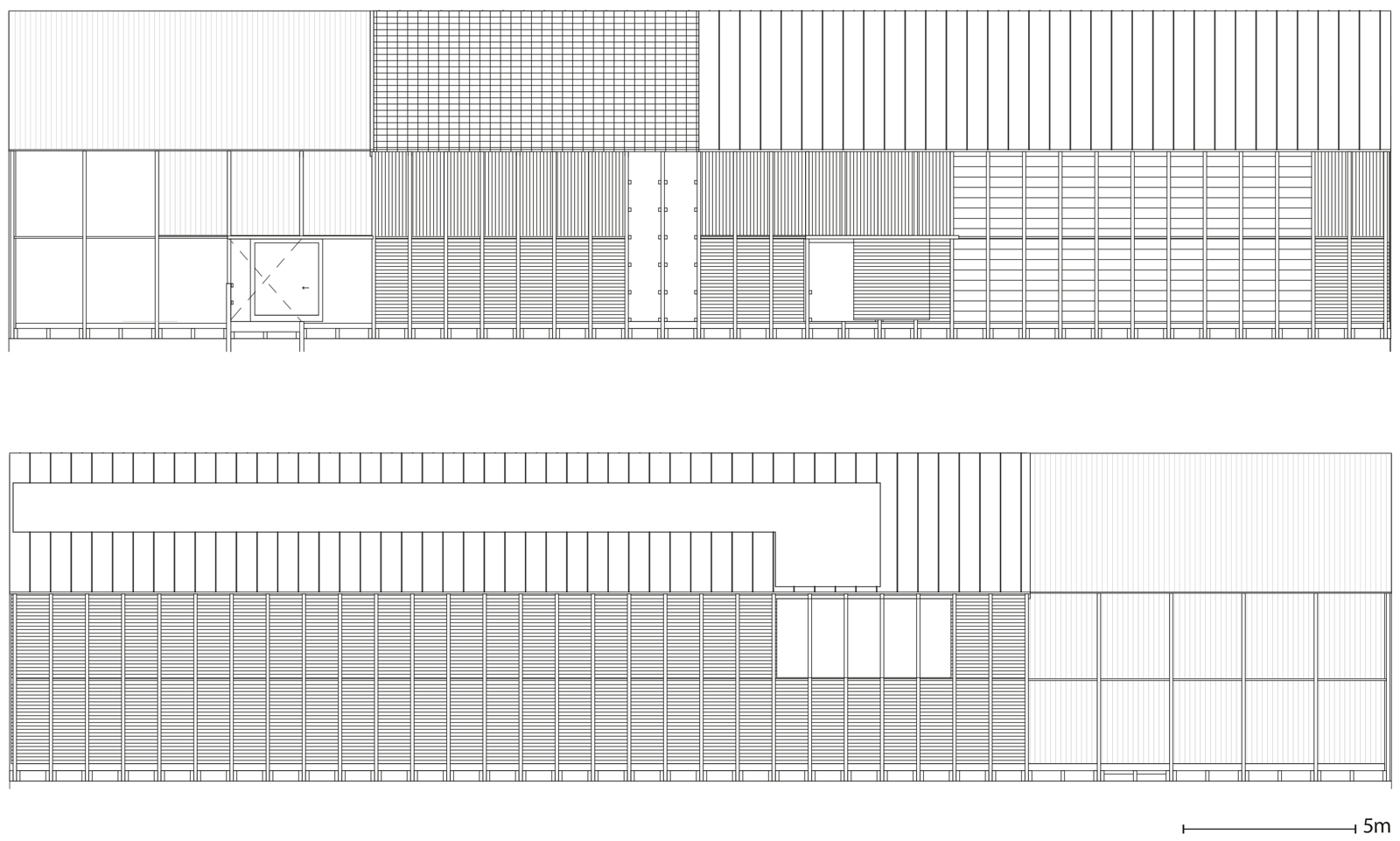 Arkitekt tegninger av fasadene på langsidene av et lagerbygg. 