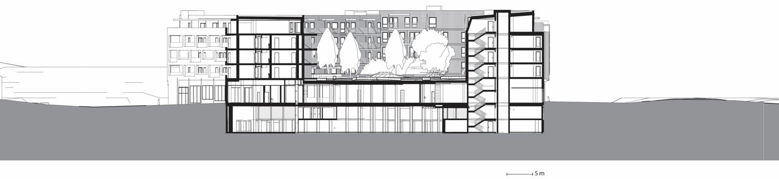 Snitt tegning av boligkompleks, arkitekt tegning. 
