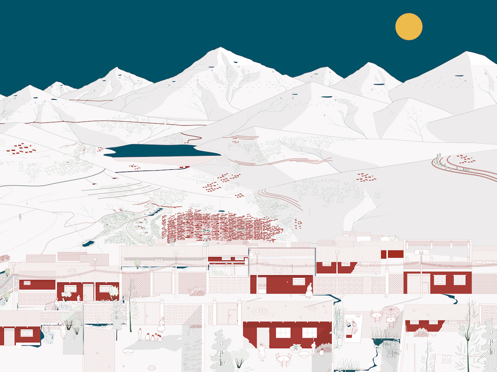 Røde hus i et vinterlandskap med fjell og måne. Illustrasjon.