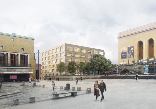 Torgplass omkranset av bygg. Illustrasjon.