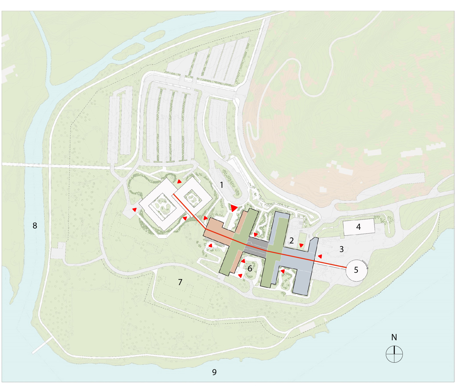 Oversiktsplan som viser konseptet i Sjukehuset Nordmøre og Romsdal. Arkitekt tegning.