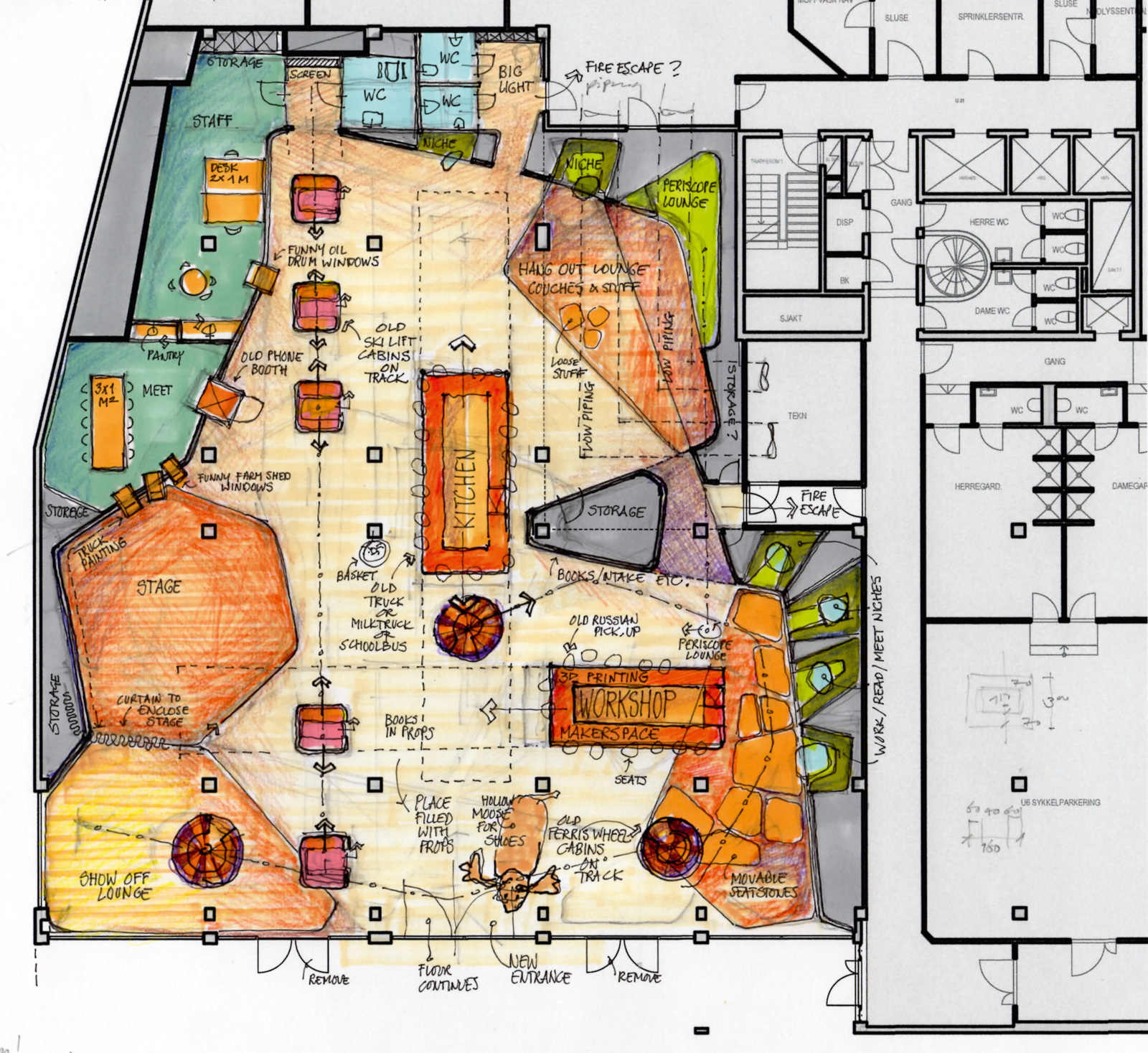 Plan over Tøyen bibliotek, med utheving av ulike områder. Arkitekt skisse. 