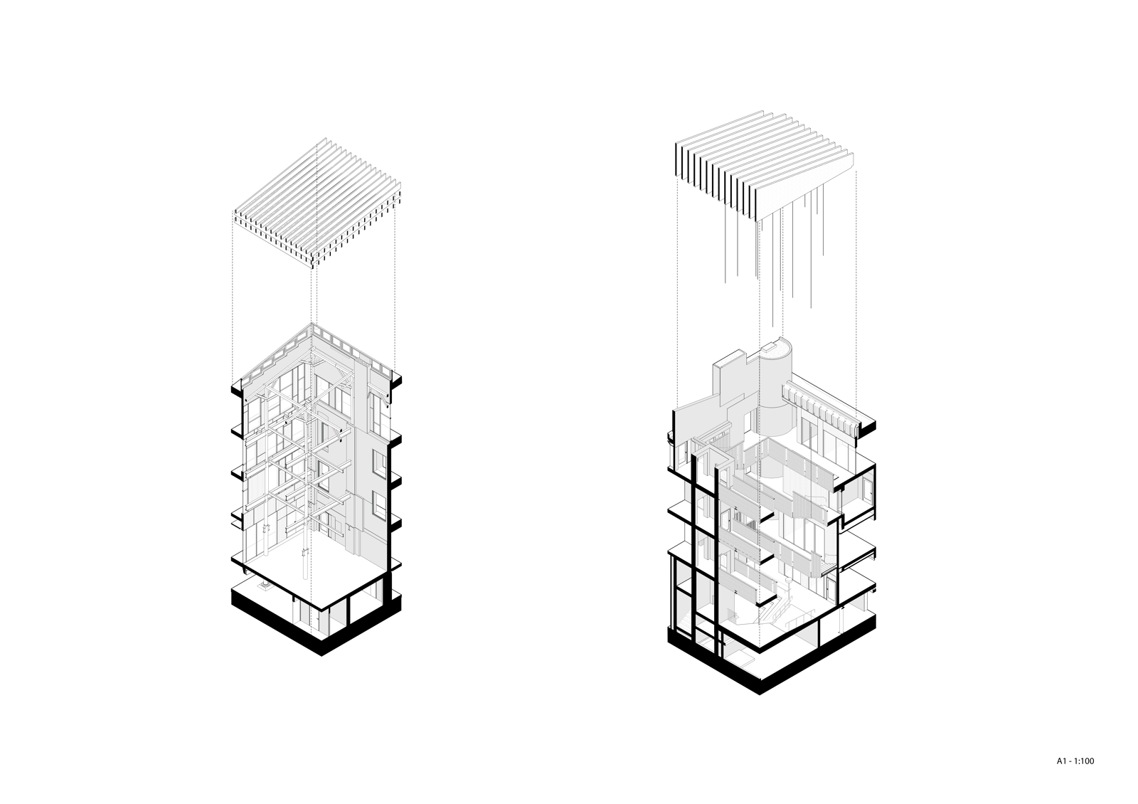 Aksometri av atrium i pressens hus. Teknisk tegning/diagram.