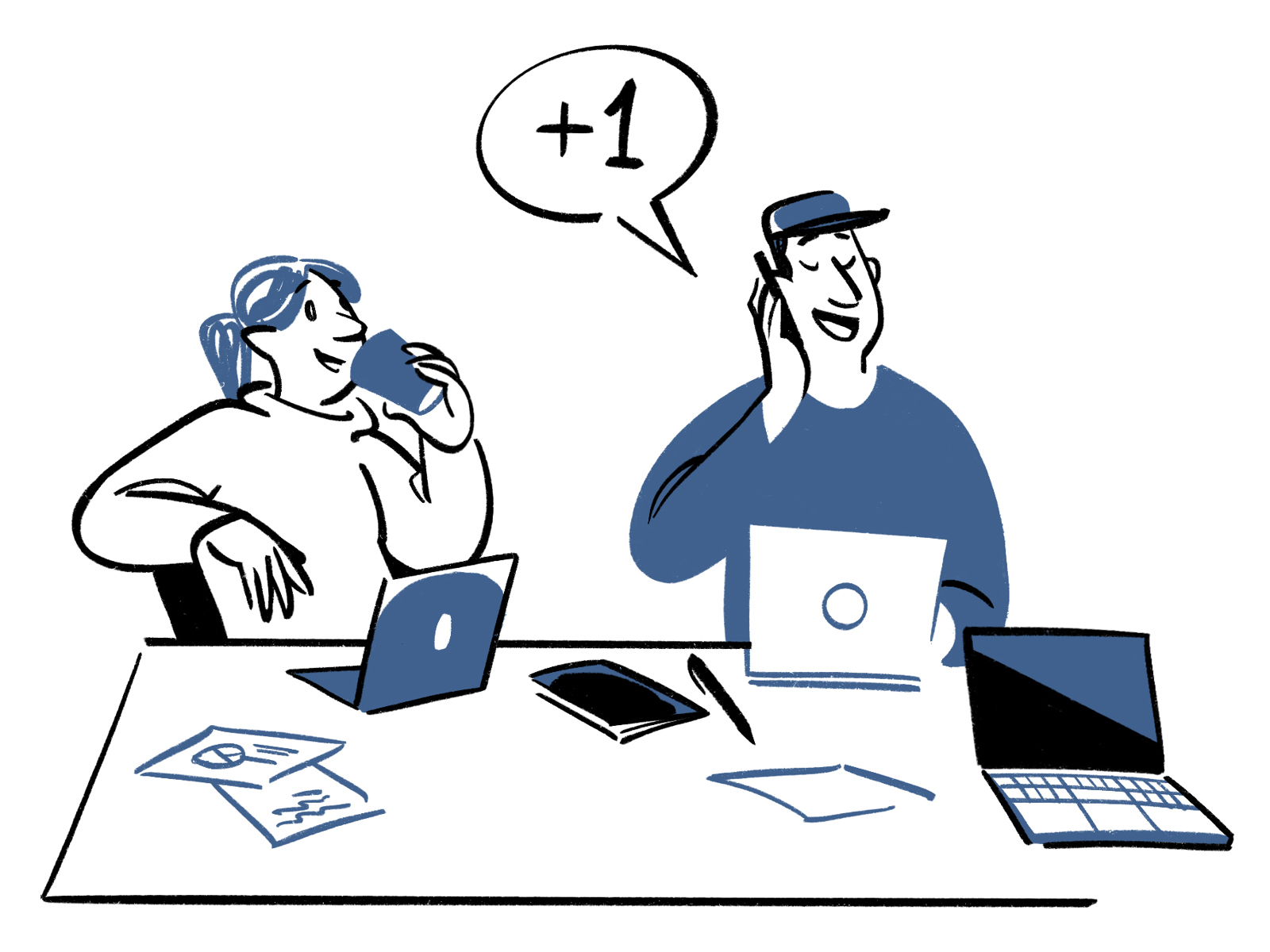 Tegning av to mennesker som sitter og jobber på et bord og snakker i telefonen. 