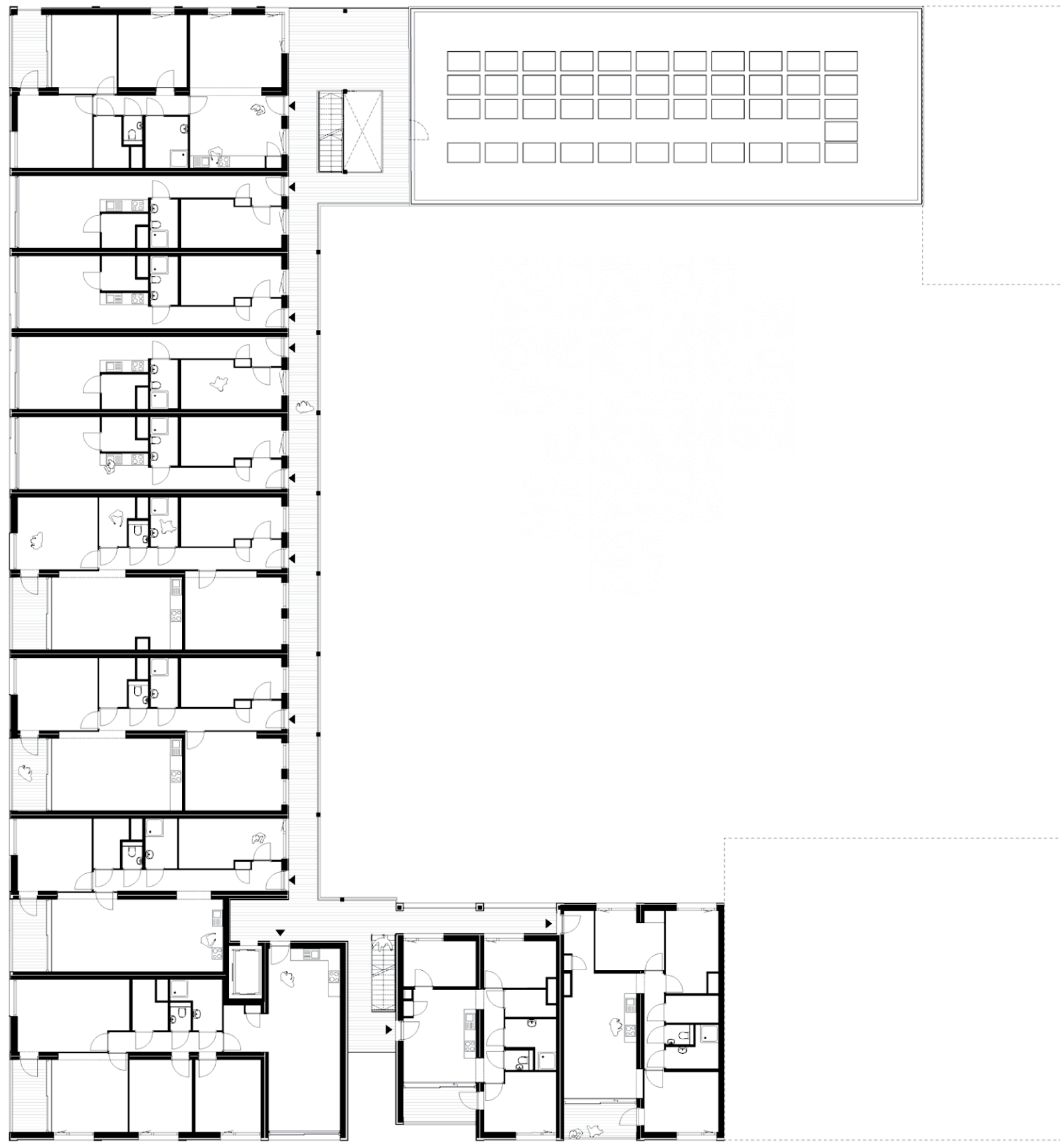 Fjerde etasje plan av boligblokk. Arkitekt tegning.