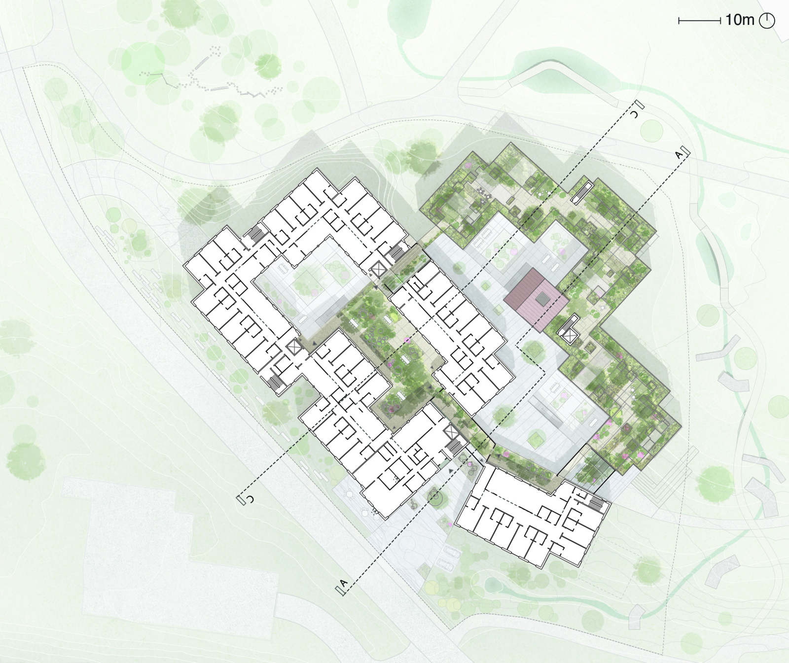 2 etasje plan som viser Furuset hageby og omliggende landskap. Arkitekt tegning.