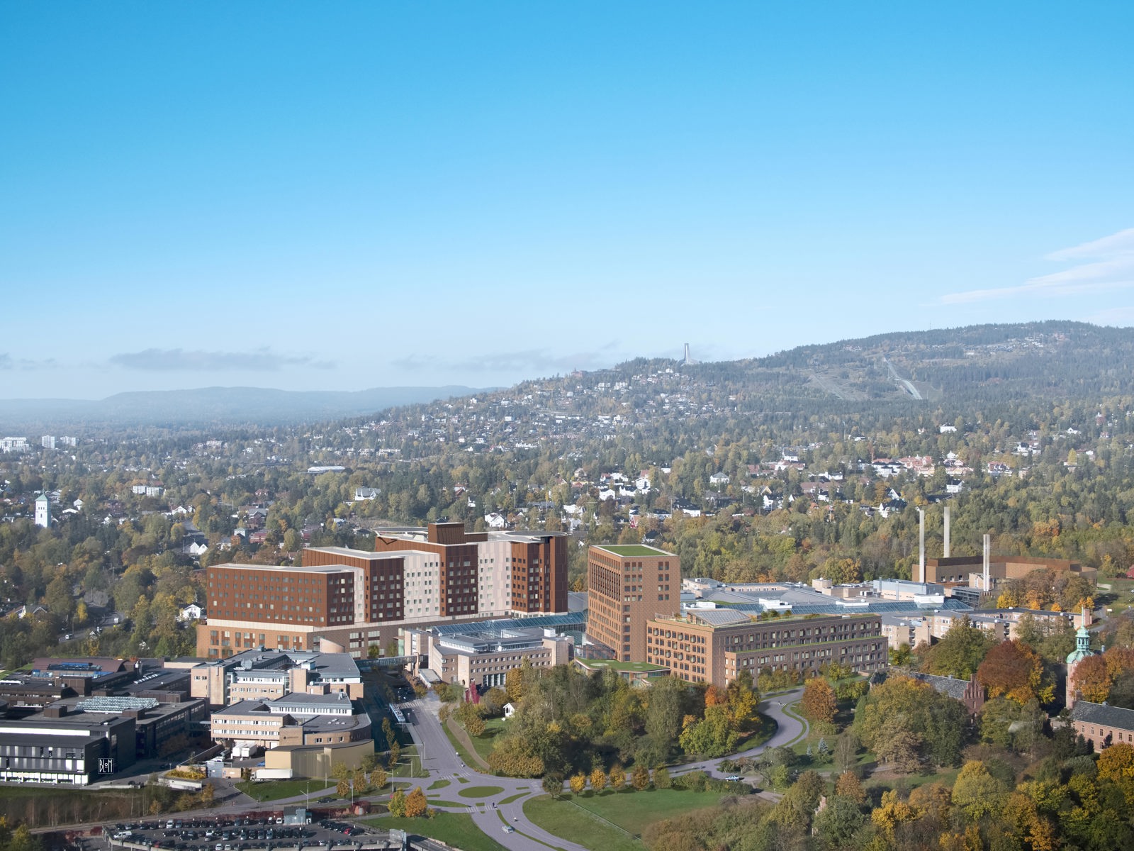 Illustrasjon på foto som viser hvordan det nye Rikshospitalet skal bli seende ut.