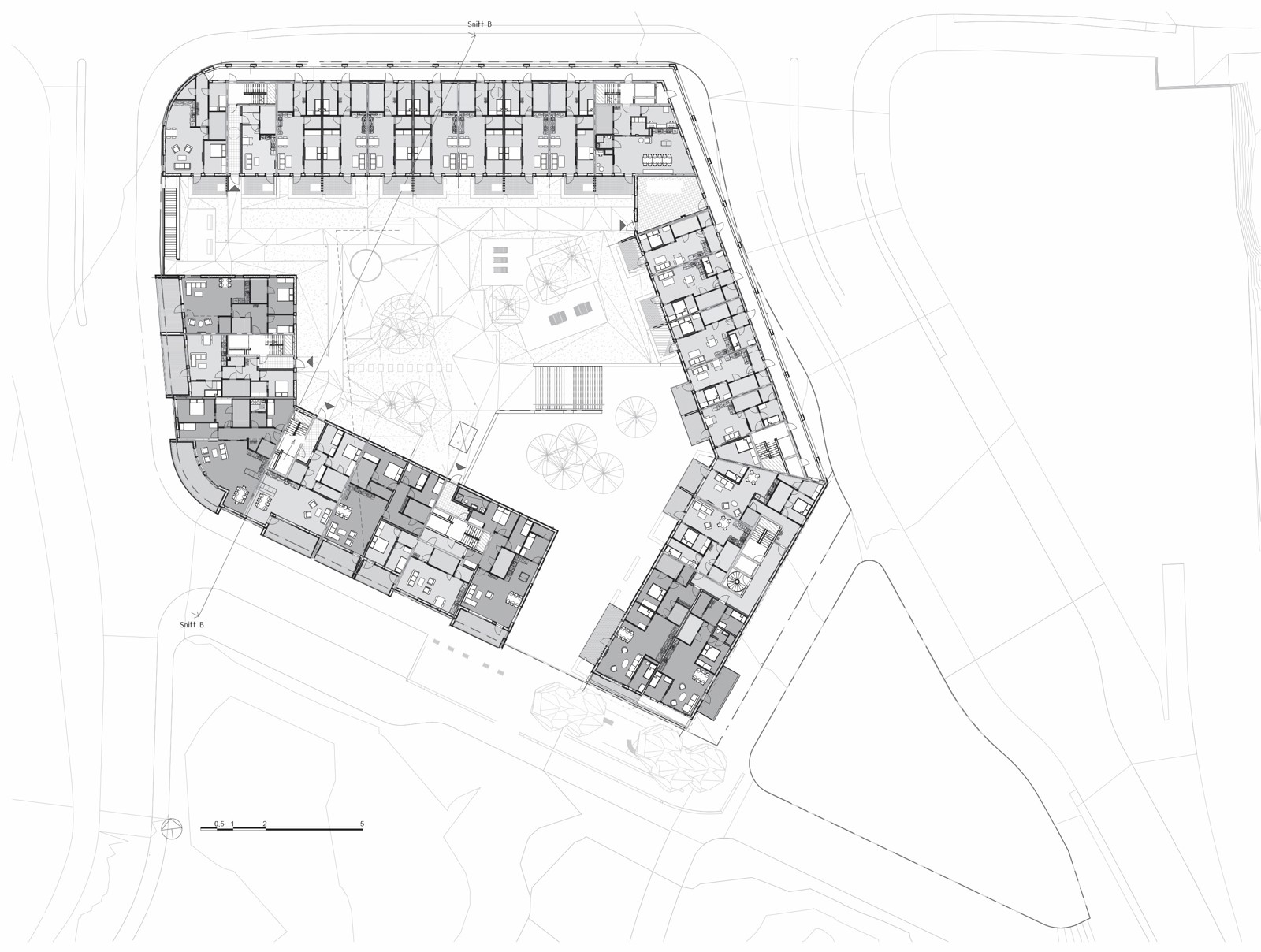 Plan tegning av boligkompleks, arkitekt tegning. 