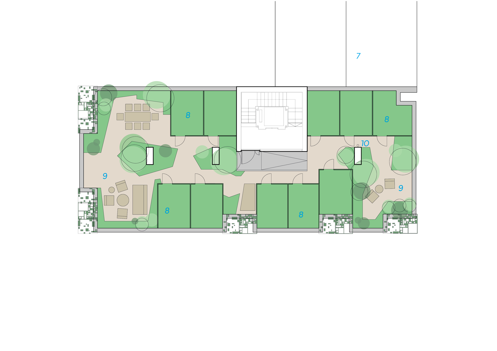 Takplan som viser grønn hage på tak. Arkitekt tegning.