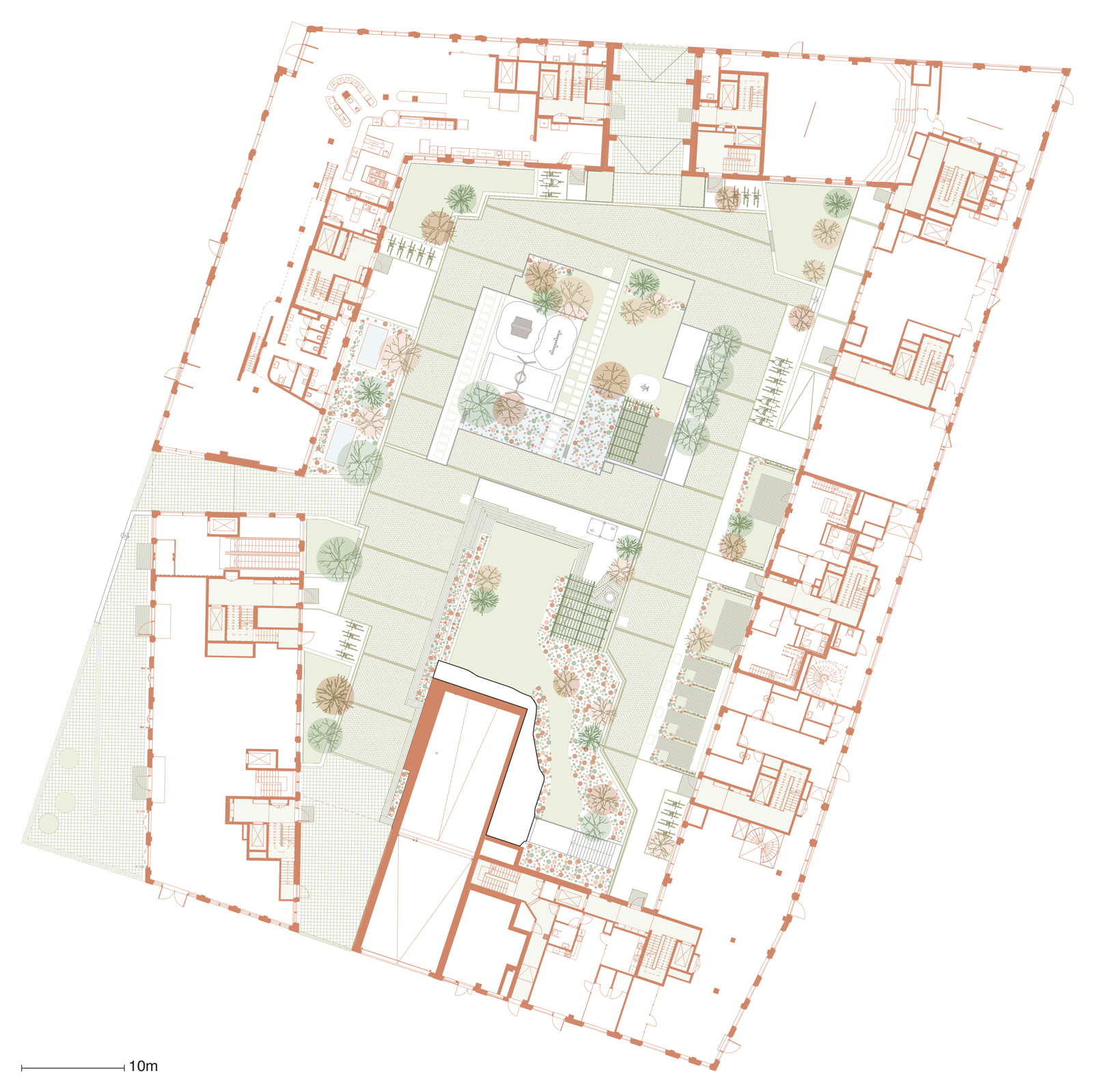 Første etasje plan av Clemenskvartalet med utenomhusplan, arkitekt tegning.