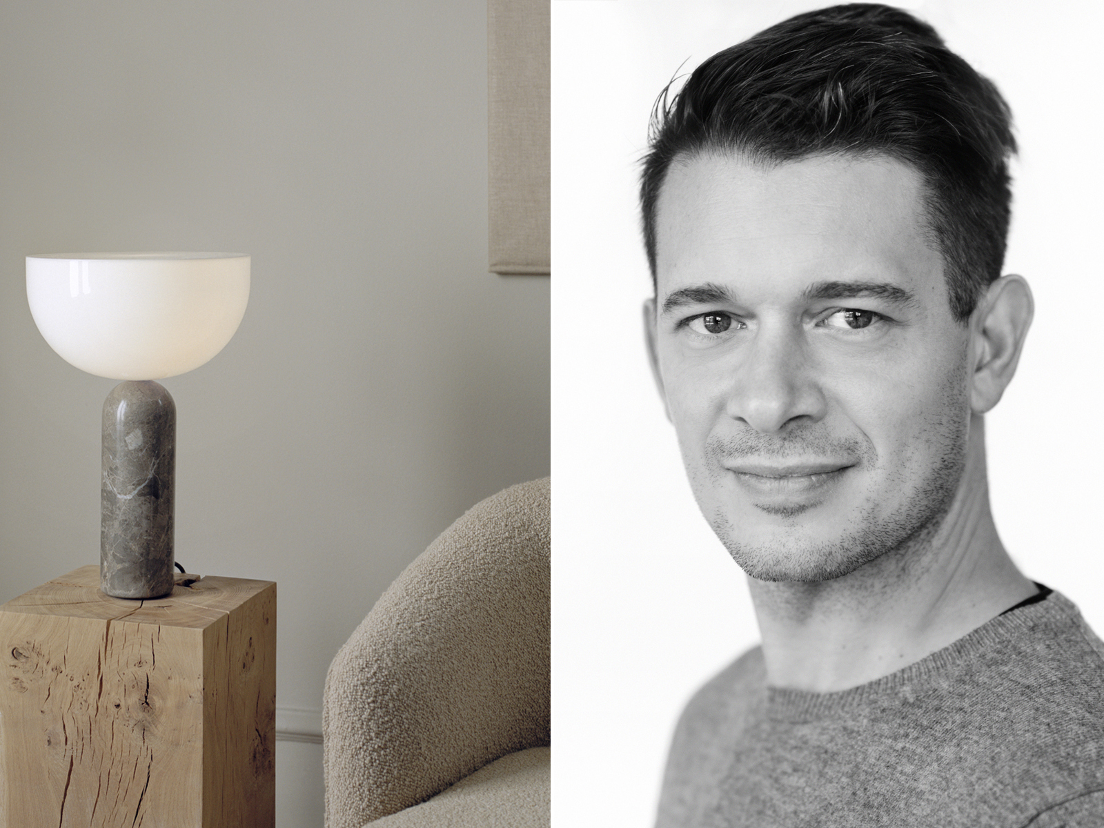 Lampe på et trebord og portrett av Lars Tornøe i svart hvitt. 2 foto satt sammen.