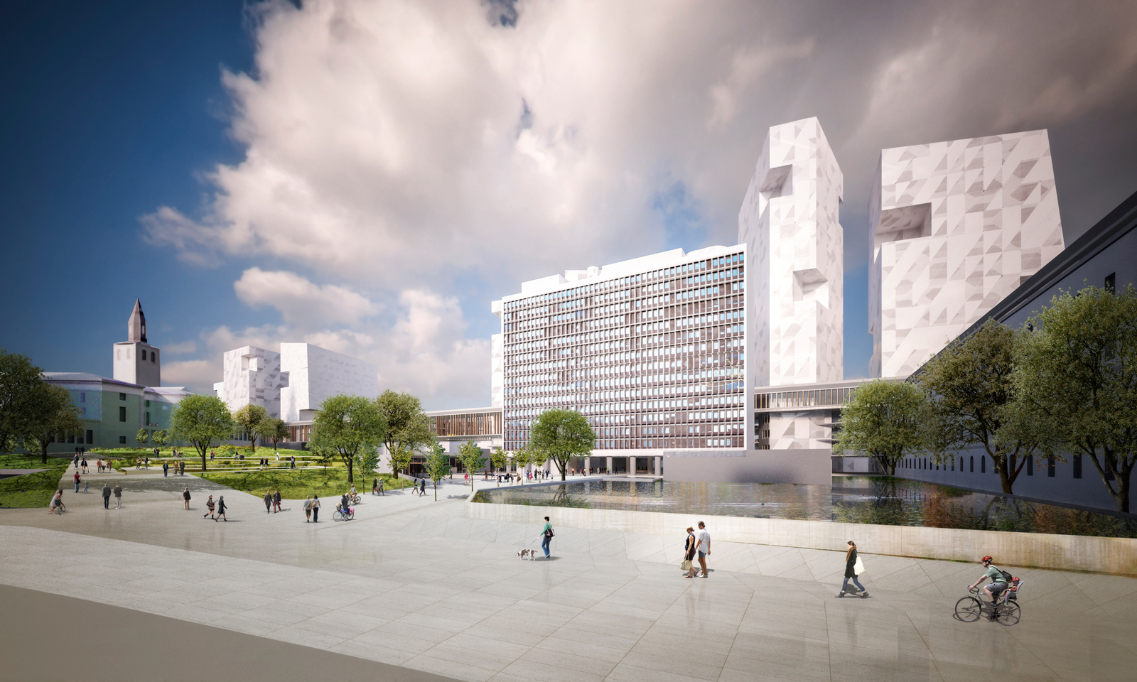 Tredimensjonelt perspektiv av by, park, trær, mennesker som er ute og går. Arkitekt illustrasjon.