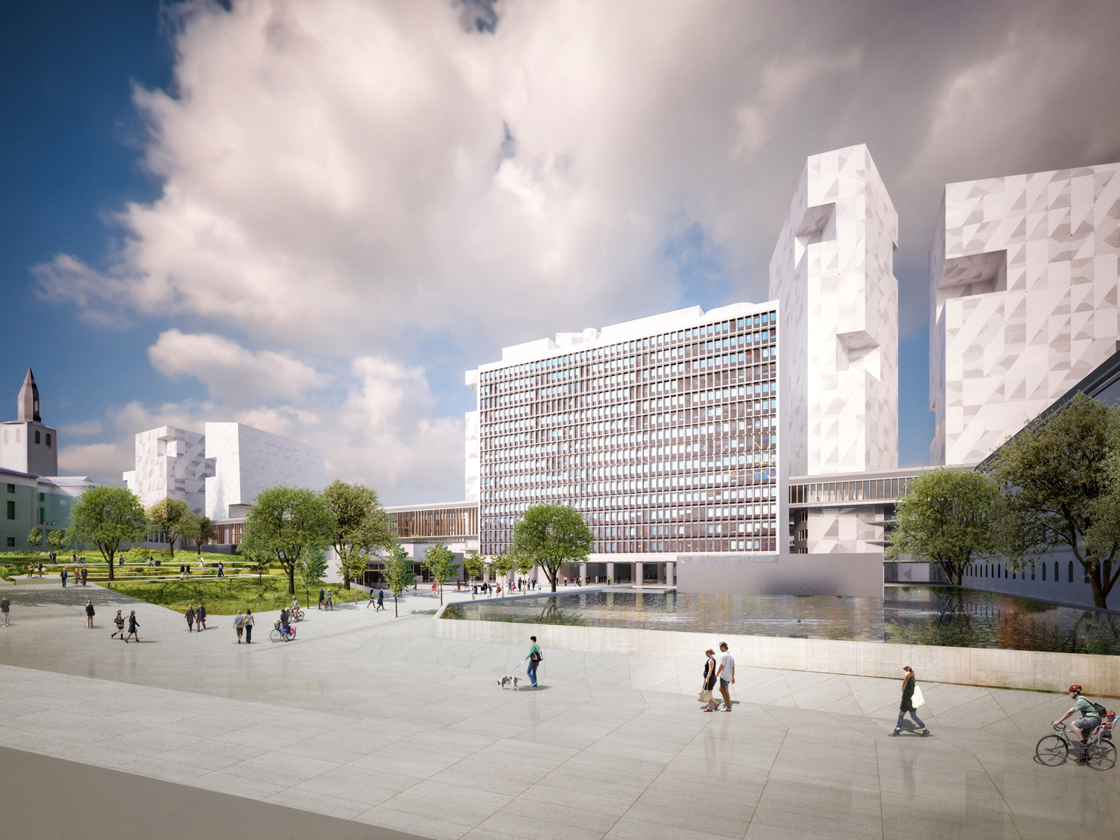 Tredimensjonelt perspektiv av by, park, trær, mennesker som er ute og går. Arkitekt illustrasjon.
