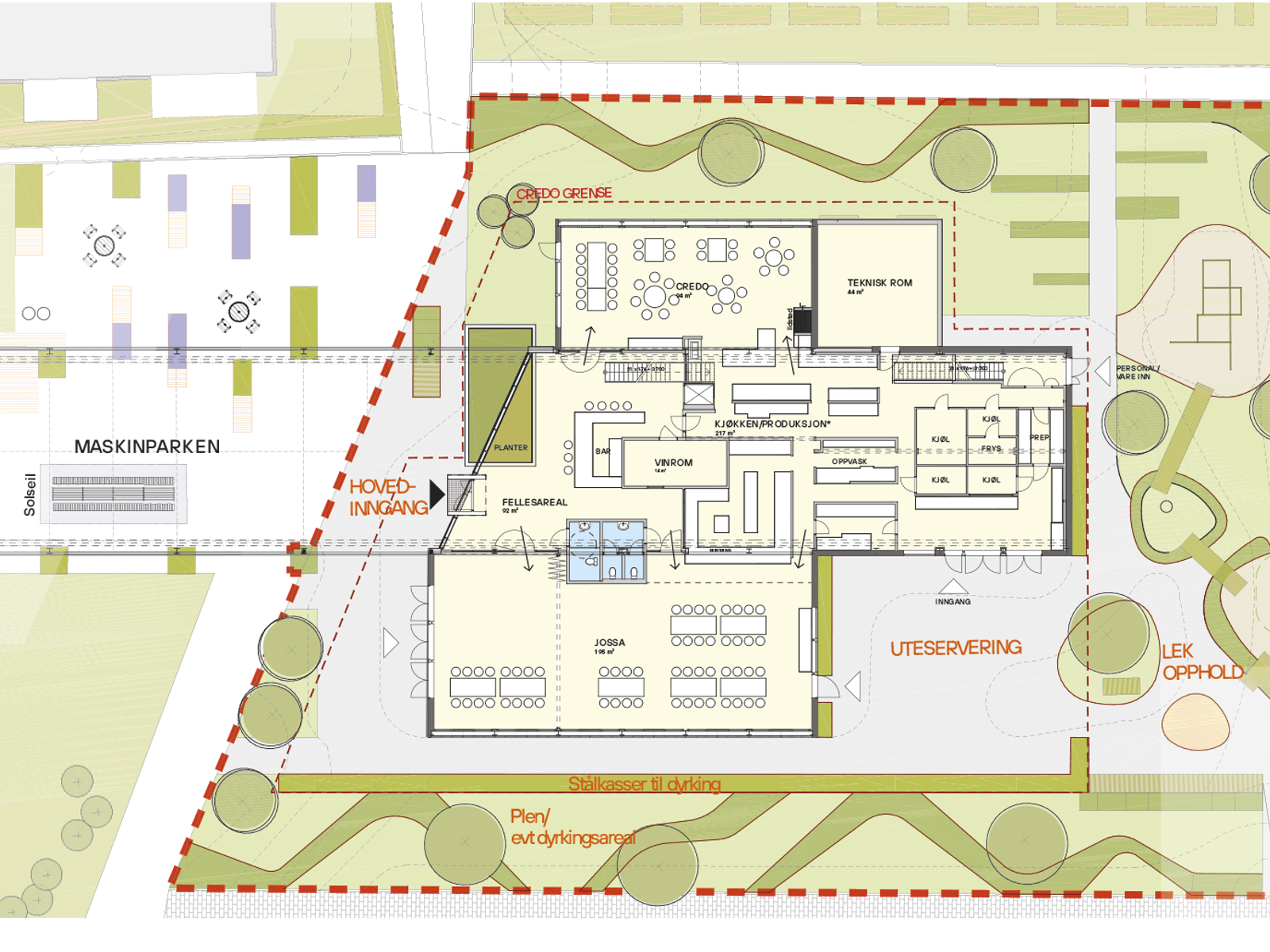 Plan av første etasje og utendørs. Teknisk tegning. 