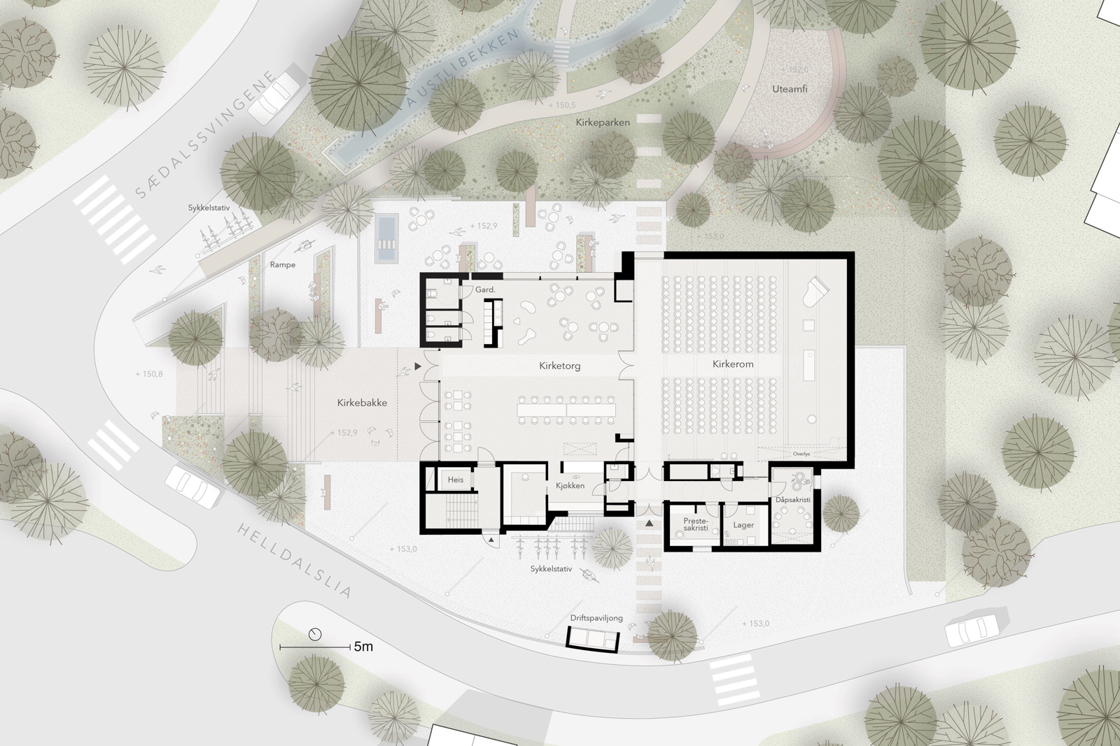 Situasjonsplan som viser første etasje på kirke og omliggende kontekst. Arkitekt tegning.