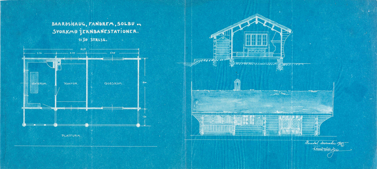 Arkitekttegninger, plan, snitt og oppriss på et blått ark der tegningene er i hvitt. 