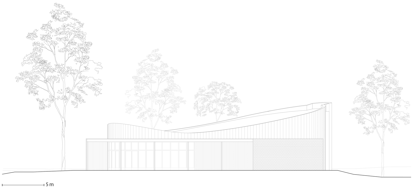 Arkitekt tegning av fasade på seremoni bygg. 