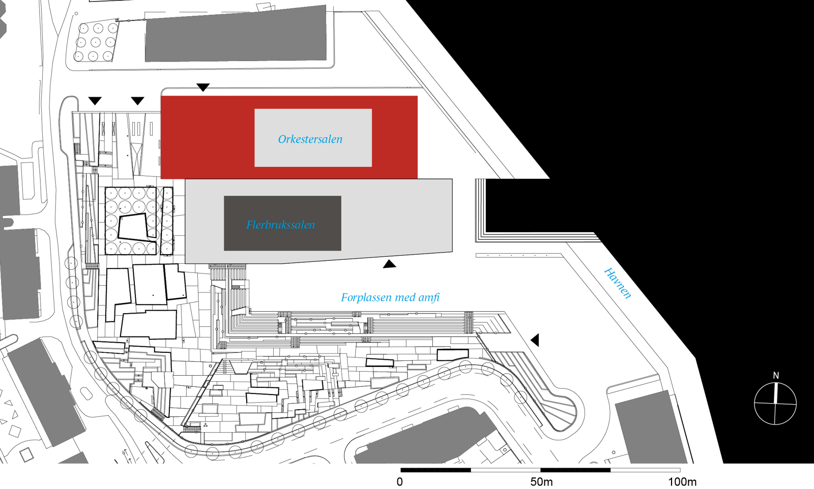 Situasjonsplan over konserthus i Stavanger, arkitekt tegning.