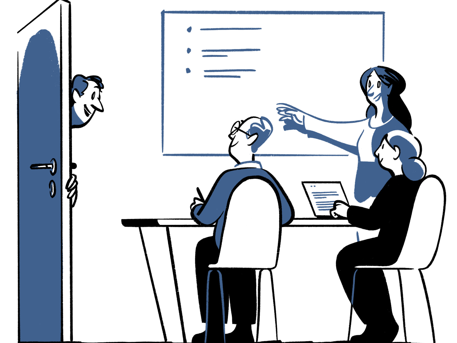 Tegning av et møte og en mann som stikker hodet inn døra.