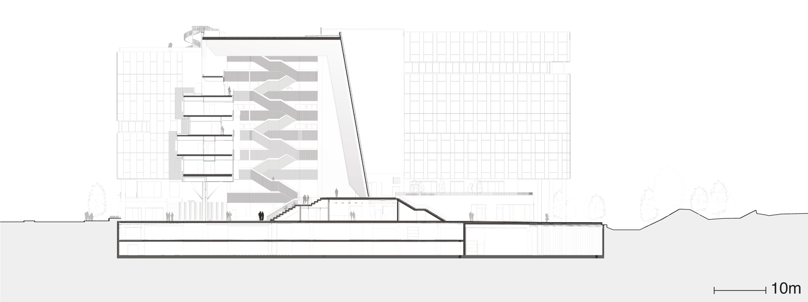 Snitt gjennom kontorbygning. Akritekt tegning.