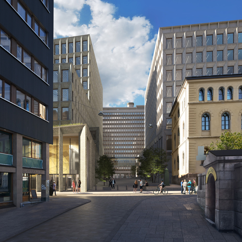 Digital illustrasjon som viser den gjenåpnede høyblokkpassasjen i regjeringskvartalet