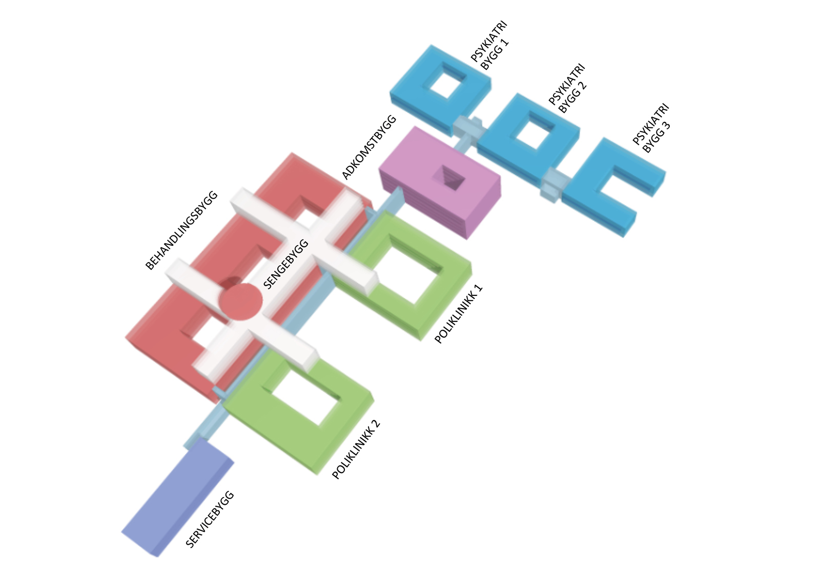 3D diagram som viser oversikt over ulike funksjoner i Drammen sykehus. 