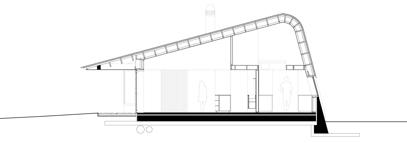 Snitt av sevicebyggning. Arkitekt tegning.