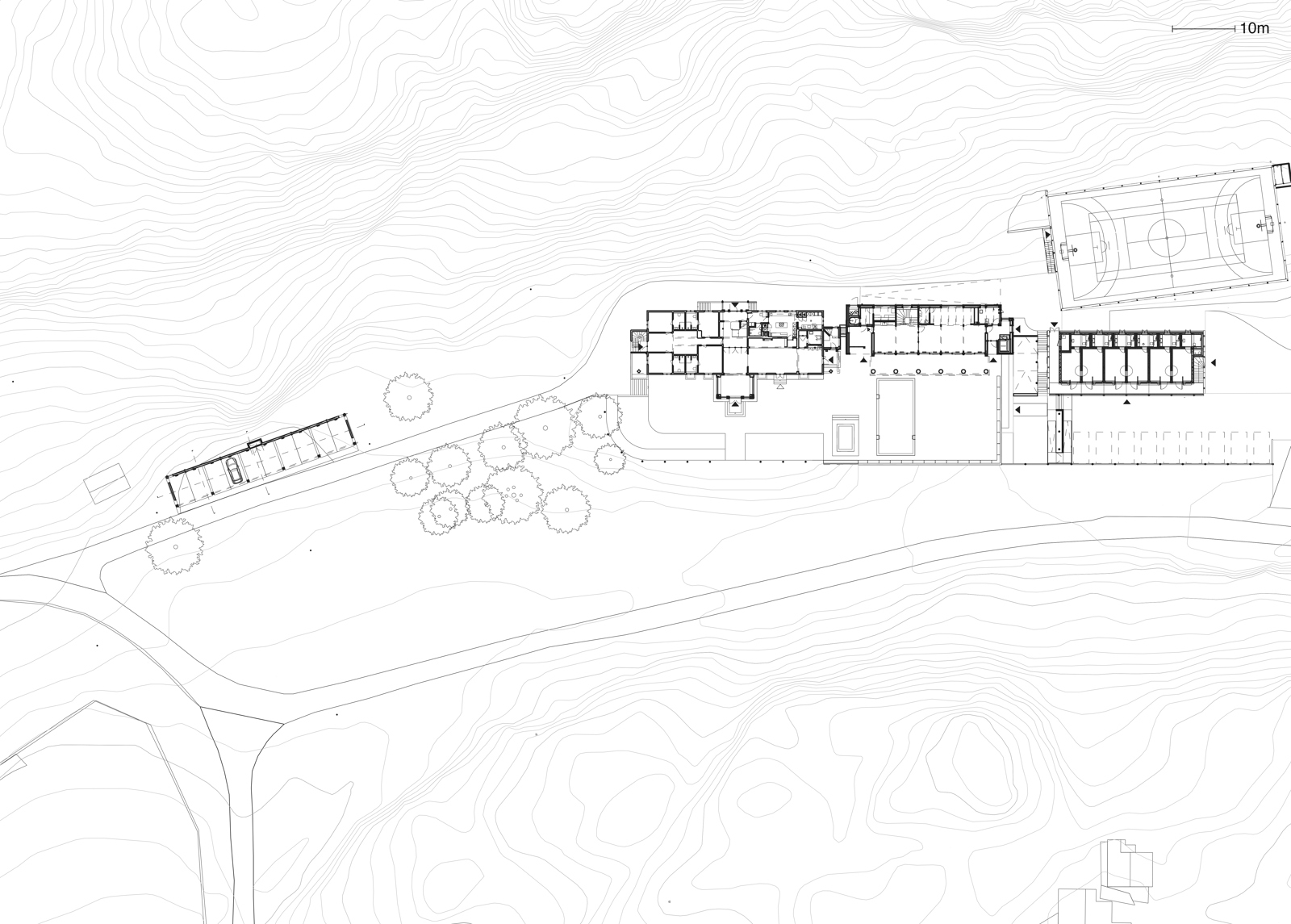 Situasjonsplan av en resort med fire bygninger, arkitekt tegning.