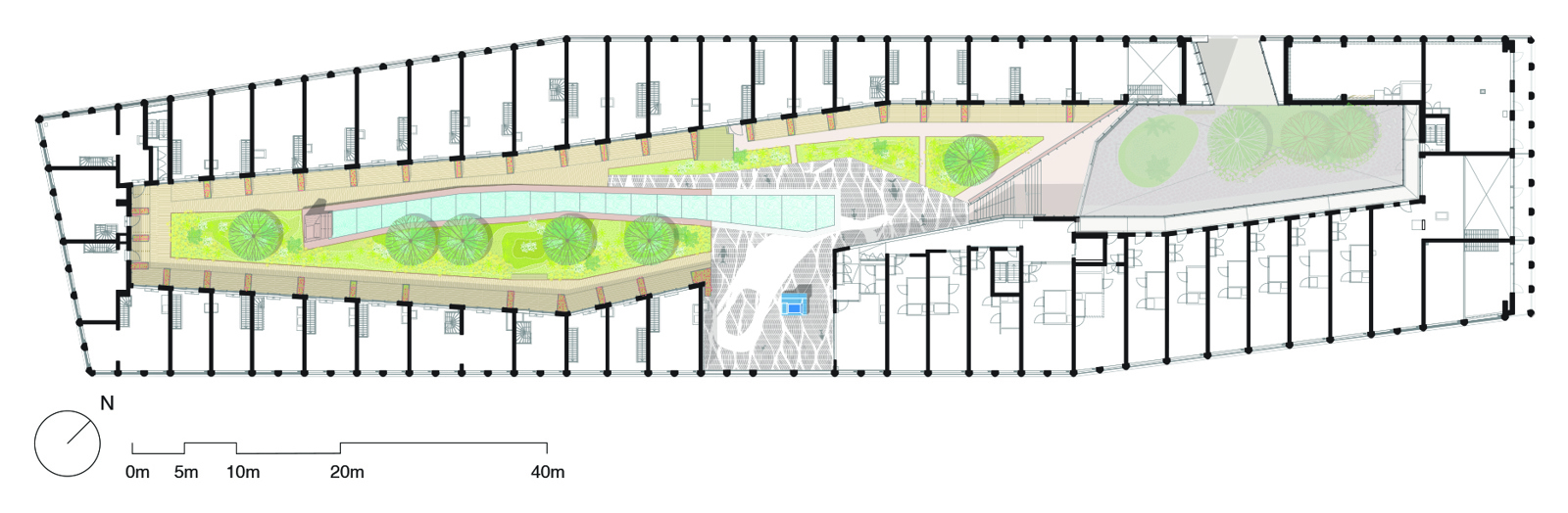 Plan av boligprosjekt med felles takhage, arkitekt tegning.