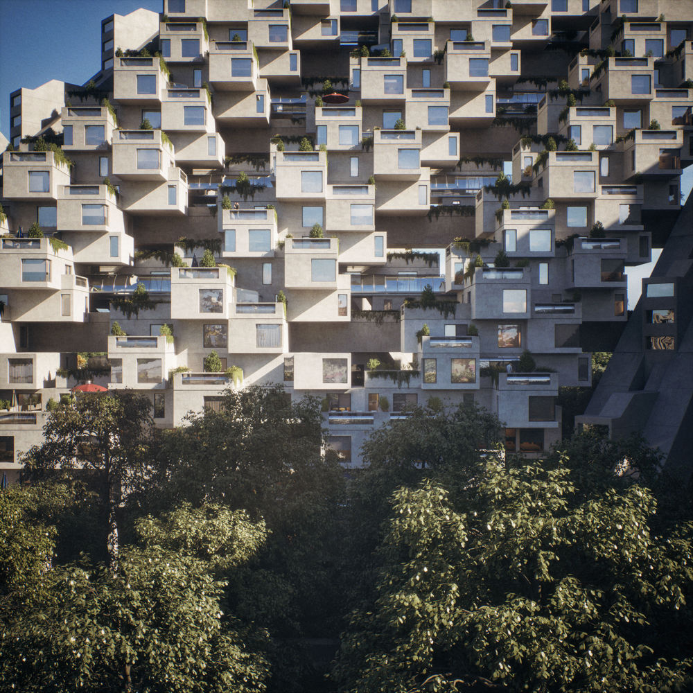 Arkitekt rendering av boligblokk av mange bokser stablet på hverandre, trær i bunnen av forgrunnen. 