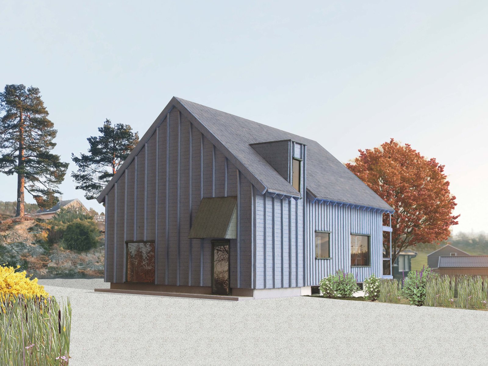 Arkitekt rendering som viser en enebolig.