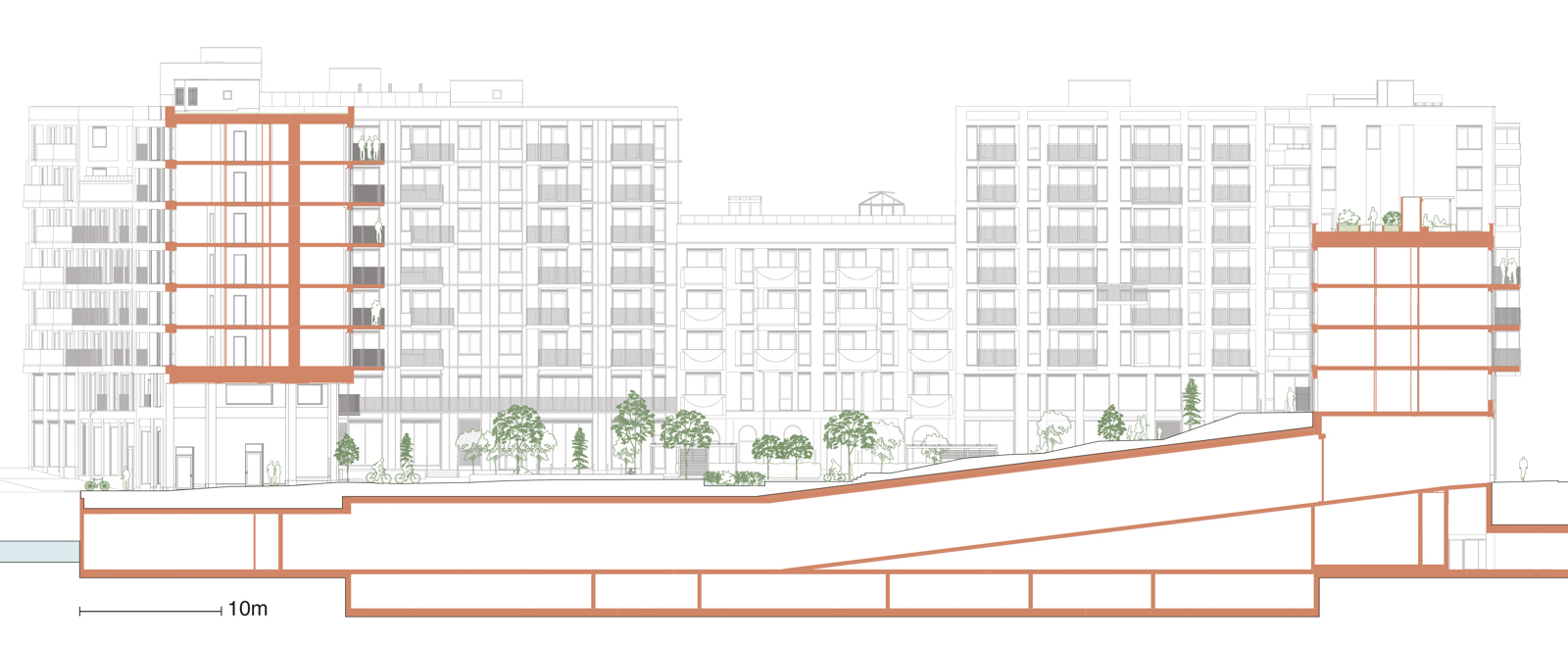 Snitt gjennom Clemenskvartalet, arkitekt tegning.