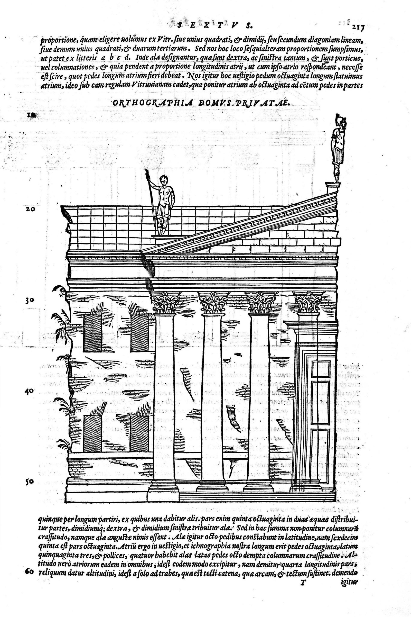 Gravering fra Daniele Barbaros italienske oversettelse av Vitruv fra 1567. Fasade.