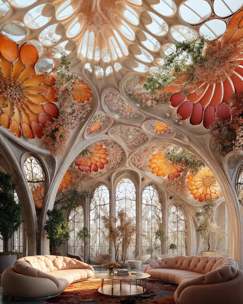 Visualisering av et rom med to store sofaer, organiske former og blomster. Generert av kunstig intelligens.