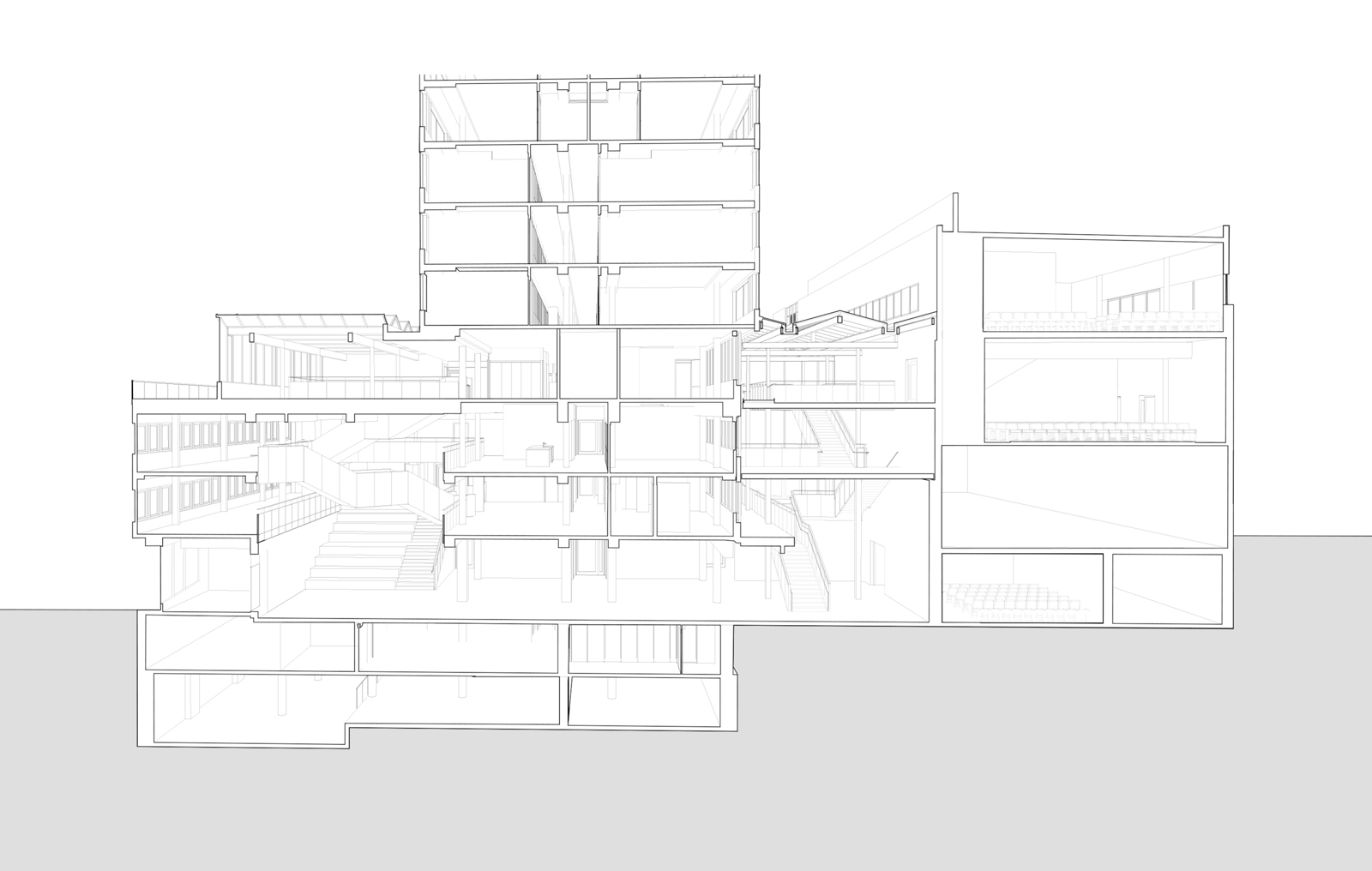 Snitt med perspektiv gjennom stort næring/kontorbygg. Arkitekt tegning.