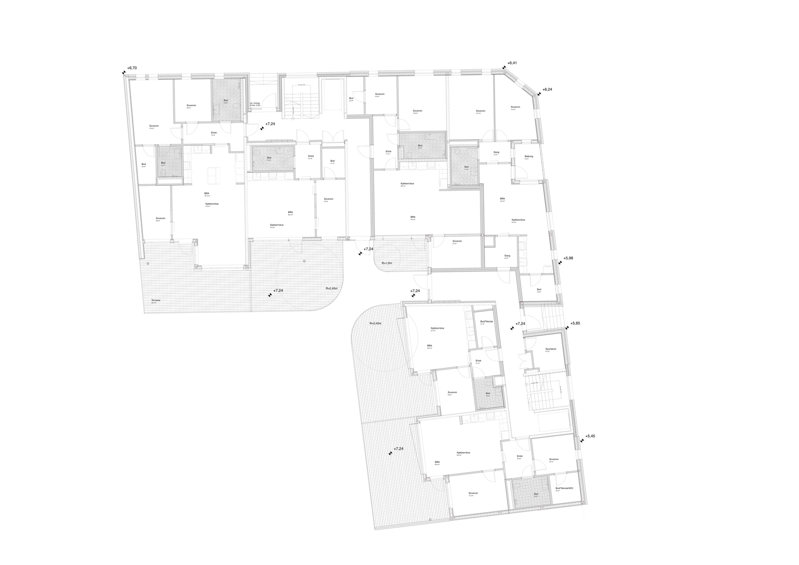 Første etasje plan boligblokk. Arkitekt tegning.
