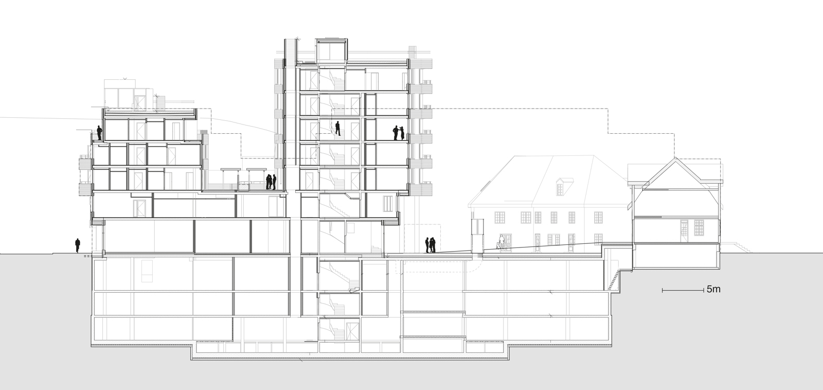 Snitt gjennom Wesselkvartalet, bolig og flere etasjer under bakken. Arkitekt tegning.