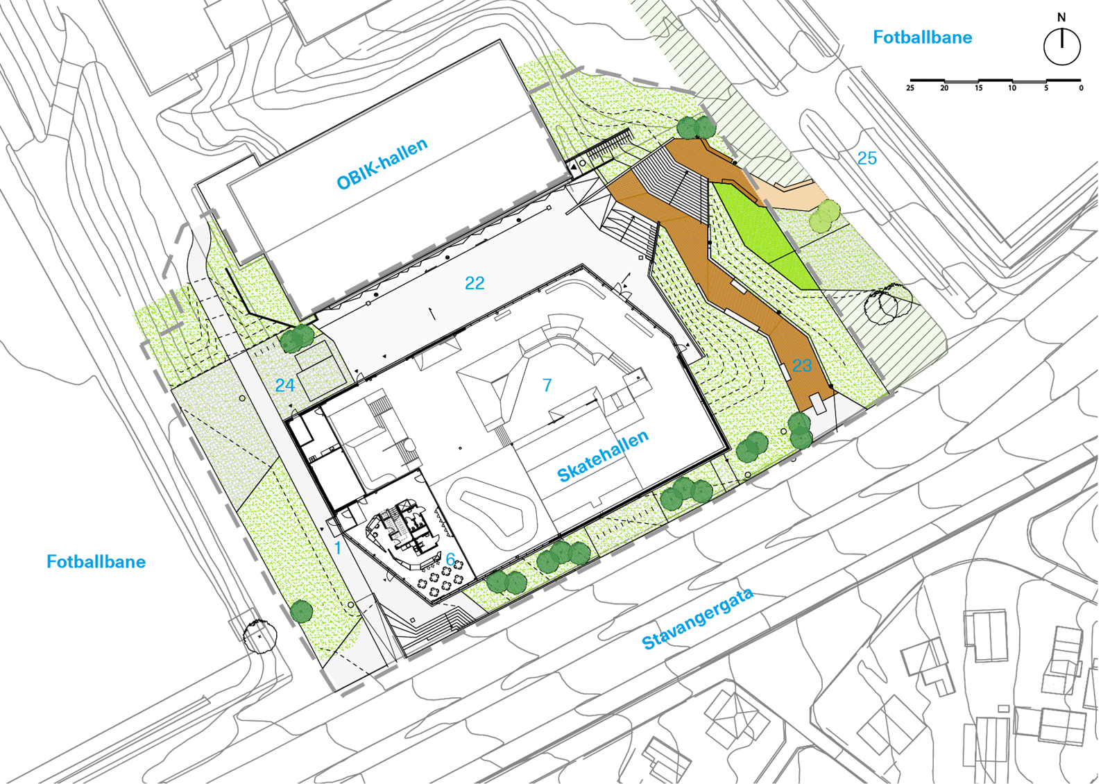 Situasjonsplan av Oslo Skatehall, første etasje og utenomhus. Arkitekt tegning.